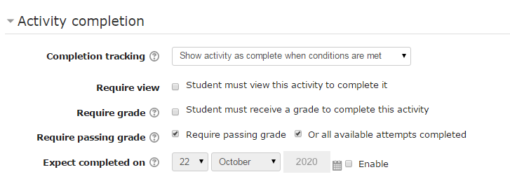 Quiz activity completion options are different than for files